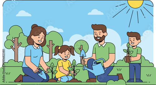 A happy family, including parents and two children, planting saplings together in a sunny outdoor garden, promoting environmental care and growth.