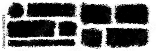 Dynamic assortment of textured black brush strokes and distressed grunge elements for modern graphic design, abstract backgrounds, and artistic overlays