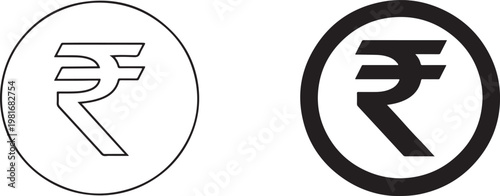 Indian rupee currency symbol black silhouette and outline icon set. Isolated vector sign on white.