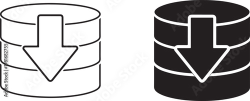 Database icon with download arrow black silhouette and outline set. Isolated data transfer vector.