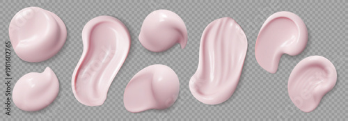 Pink foundation cream swatch, skincare cosmetic drops. Realistic 3d vector set of serum or lotion smears shapes and textures. Smooth, glossy strokes for beauty product presentations, skincare ads