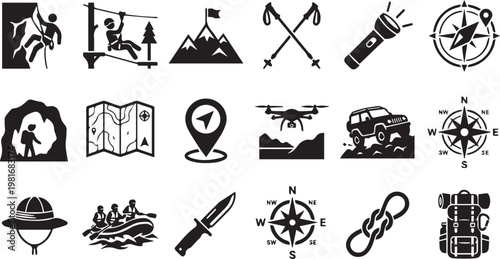 Summer Extreme Adventure And Mountain Hiking Nature Icon Set