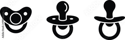 Three black silhouette icons of baby pacifiers on a white background infant soother