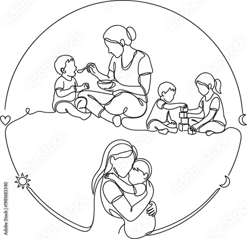 Continuous one line drawing of happy mother and children, family care and motherhood concept