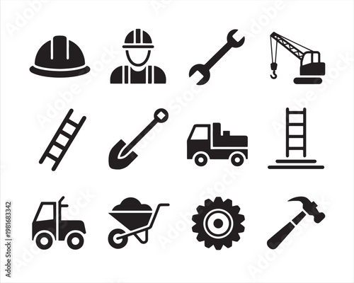 Construction and Engineering Icons. Industrial, construction solid icon set. worker icons set