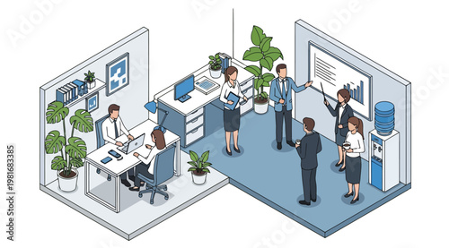Isometric office interior with business people working and having a meeting