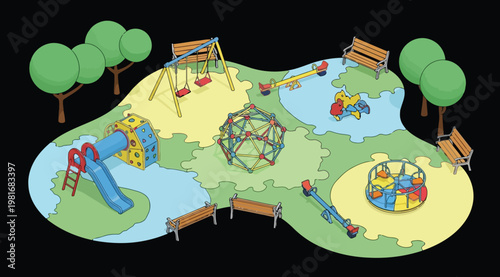 Isometric playground with slides, swings, and benches