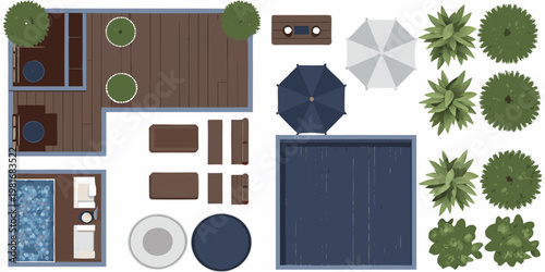 Aerial view of a modern outdoor living space with pool and furniture