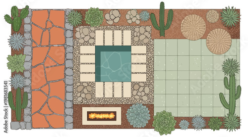 Top view of a modern desertstyle backyard landscape design with a fire pit, square pool, and cacti