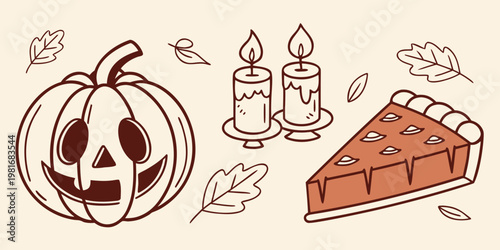 Autumnal still life featuring a pumpkin candles and a slice of pie