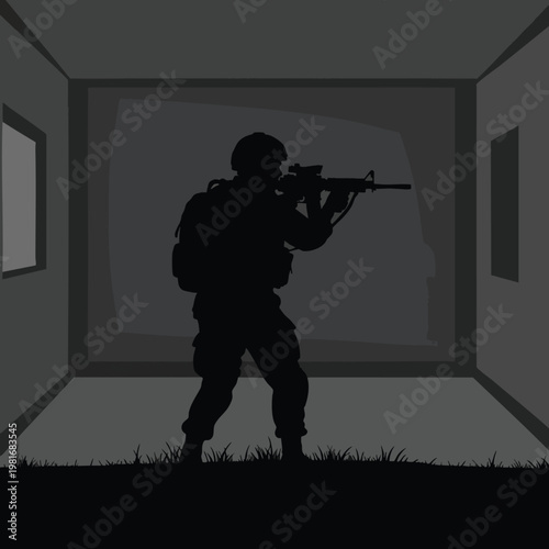 Silhouette of a Tactical Soldier with a Rifle in an Indoor Training Environment