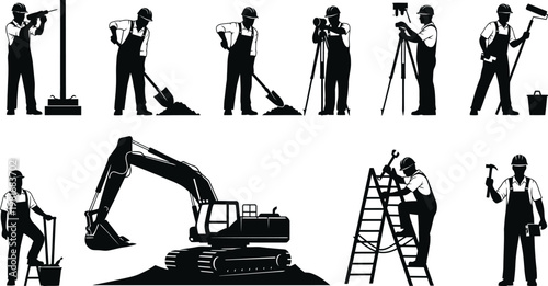 Set of professional construction worker silhouettes performing various manual labor tasks with heavy machinery and tools