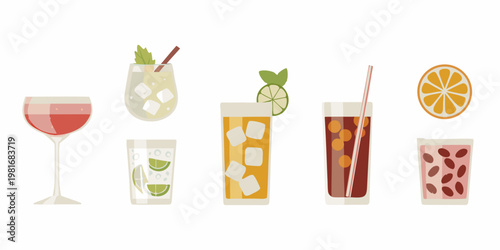 Assorted colorful summer cocktails and beverages in tall glasses