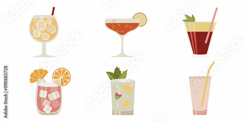 Colorful collection of illustrated cocktails and refreshing summer drinks