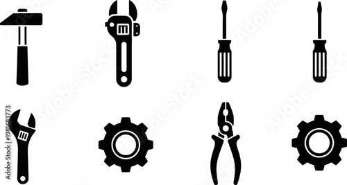 A collection of black silhouette construction tool icons featuring hammers wrenches screwdrivers pliers and gear wheels