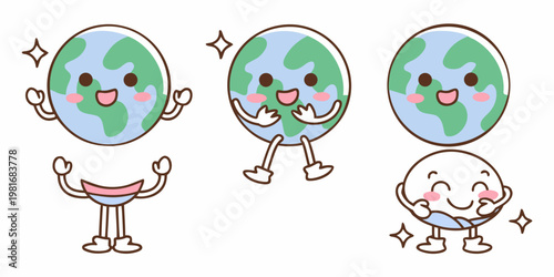 Three cute earth characters and a smiling egg with sparkles