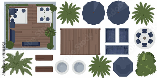 Overhead view of a modern outdoor patio and pool area design