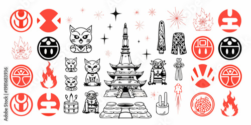 Collection of diverse stylized black and red graphic elements and icons