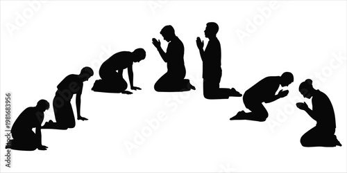 Silhouettes of people praying in various kneeling positions prayer