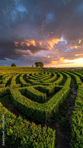 Elegant Green Hedge Maze Under Dramatic Evening Sky at Sunset