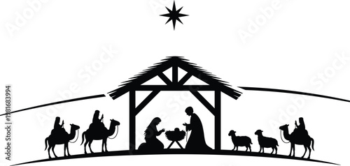 Nativity scene silhouette with wise men, Mary, Joseph, baby Jesus and sheep christmas