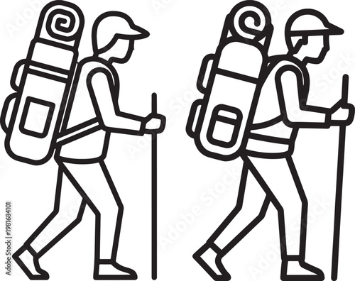 Two hikers with backpacks and walking sticks walking stick backpack trekking mountaineering outdoors adventure activity recreation equipment illustration silhouette exploration expedition