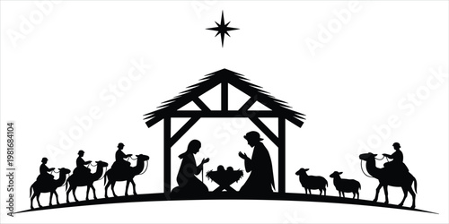 Nativity Scene Silhouette With Three Wise Men Shepherds And Star untitled illustration