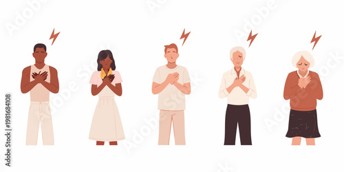 Diverse people experiencing heartbreak and emotional pain illustrated with lightning bolts