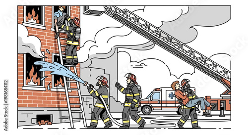 Firefighters Rescue Person from Burning Building with Ladder Truck and Ambulance