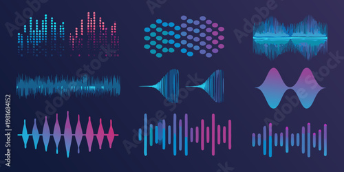 Abstract sound wave visualizations in shades of blue and pink