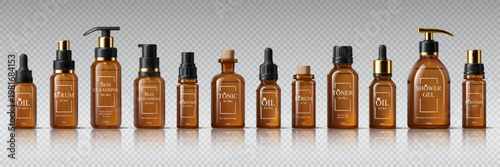 Realistic amber glass cosmetic bottles mockups, pump lid or dropper caps of cosmetic cream, serum and lotion, oil and shower gel. 3d vector containers with labels for skincare and beauty products