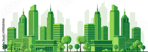 Modern eco friendly city skyline illustration featuring green skyscrapers and lush trees in flat vector style