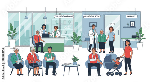Hospital waiting room scene with diverse patients and medical staff, illustrating healthcare services and patient care.