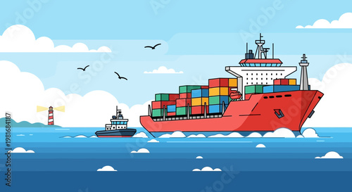 Large Red Container Ship Sailing on Ocean with Tugboat and Lighthouse