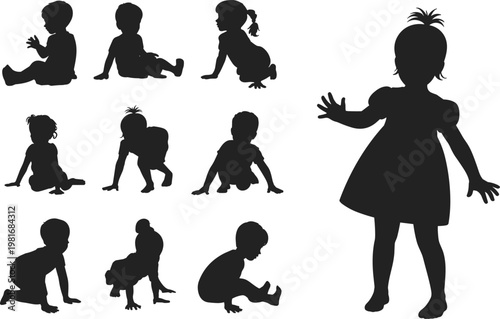 Collection of black silhouettes of babies and toddlers in various playful poses Keywords: baby, toddler, child, infant, silhouette, playing