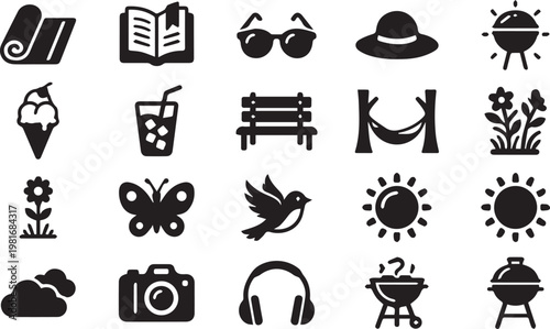 Summer Vacation And Outdoor Relaxation Activity Vector Icon Set