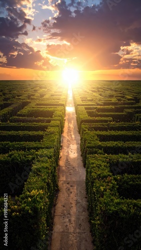 Sunlit Maze Pathway Surrounded by Lush Green Hedges at Sunset