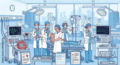 Healthcare Team in Modern Operating Room with Advanced Medical Equipment