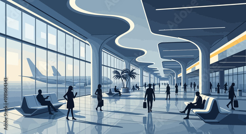 Modern Airport Terminal Interior with Passengers and Airplane View