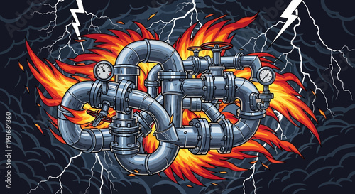 Infinity Pipe System on Fire with Lightning and Gauges - Industrial Chaos Concept