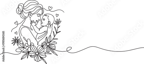Continuous one line drawing of mother and baby with floral frame, minimalist motherhood illustration