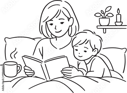 Mother reading bedtime story to child in bed, cozy family line art illustration