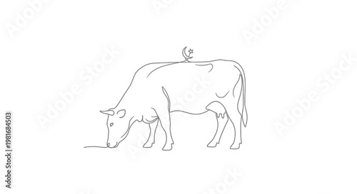 Minimalist line art illustration of a cow grazing on grass, simple black and white outline vector drawing on white background