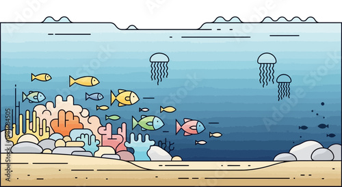 Colorful Underwater Coral Reef Scene with School of Fish and Jellyfish