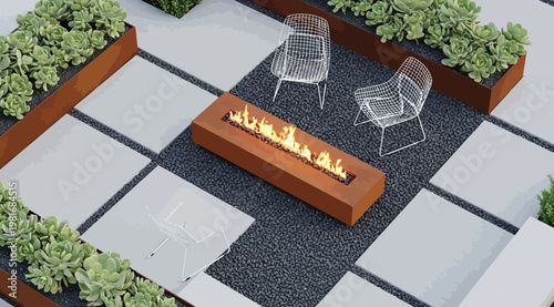 Modern outdoor patio design with fire pit and succulent planters
