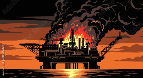 Offshore oil rig engulfed in flames and thick black smoke, disaster at sea