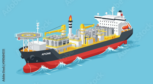 Modern offshore drilling rig ship with helideck on blue water, industry illustration