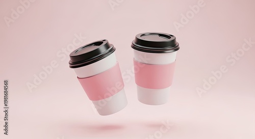 3D render of coffee cups for cafe advertising and branding, with pink sleeves, isolated on pink background.