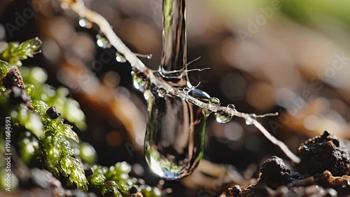 Fresh water drops on fragile plant root and vibrant green moss