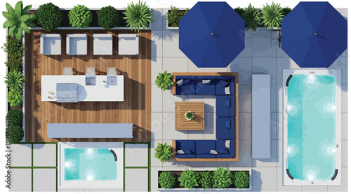Modern Outdoor Living Space Vector Illustration Featuring Wooden Deck with Bar and Grill, Hot Tub, Sectional Sofa under Umbrellas, and Rectangular Swimming Pool for Luxury Backyard and Patio Design